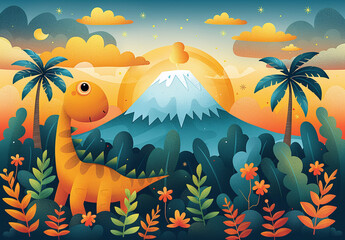 Colorful illustration of a cute cartoon dinosaur in a tropical landscape with a volcano, palm trees, and flowers.