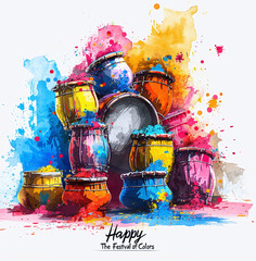 Colorful illustration of drums with vibrant splashes, celebrating the Festival of Colors.