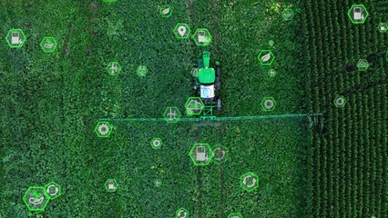 Autonomous self driving tractor with green, sustainable icons. Top down aerial Graphic 3D overlay concept. The future of technology farming