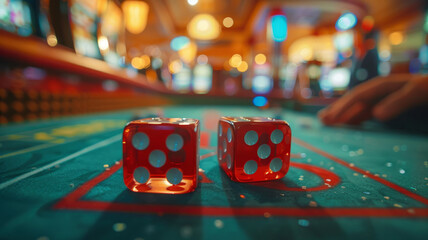 Two red dice on casino table.