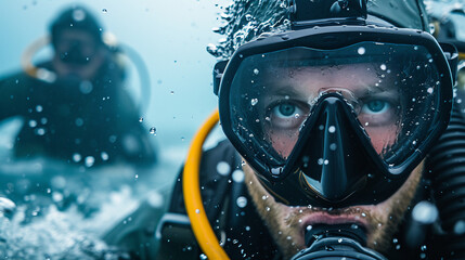 a team of rescue divers in action, conducting underwater search and rescue operations in challenging and unpredictable conditions. 