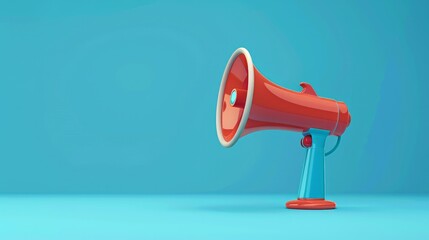 A 3D realistic-style megaphone vector illustration dominates the scene against a striking blue banner background
