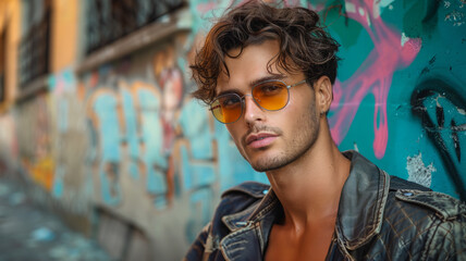 Man in sunglasses against graffiti wall