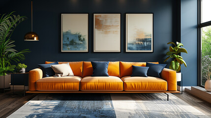 Interior design of a modern living room in art deco style, a beige sofa against a dark blue wall with a large painting