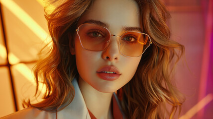 Obraz premium Young woman in sunglasses, stylish lighting