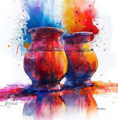 Colorful watercolor painting of traditional pots with vibrant splashes of paint, reflecting an...