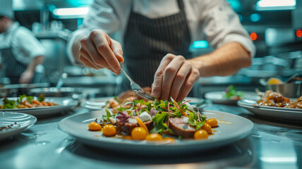 Chef plating a dish in a restaurant kitchen.