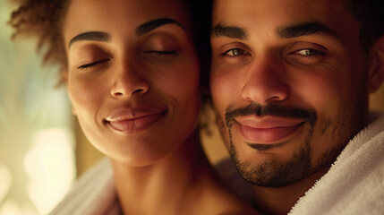 a couple savoring a luxurious spa retreat, surrounded by soothing ambiance, plush robes, and the serenity of a wellness escape, their faces reflecting relaxation and bliss. 