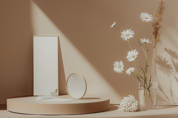 empty platform for profucts beige colors minimalist in Scandinavian style flowers and mirrors (2)