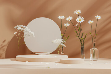 empty platform for profucts beige colors minimalist in Scandinavian style flowers and mirrors (1)