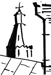 Obraz premium roof of house and tower of church drawn by hand in black ink on white paper. Moscow, Russia