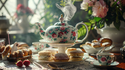 Tea set with scones and pastries on table
