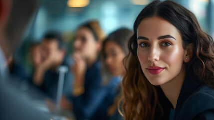 a confident young businesswoman making a successful pitch during a boardroom meeting, surrounded by supportive colleagues. 