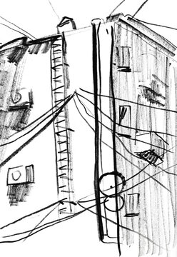wires, air conditioners and fire escape on apartment building drawn by hand in black felt-tip pen on white paper. Yerevan, Armenia