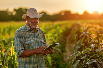 Older farmer in straw hat using a tablet in his field on a late summer afternoon