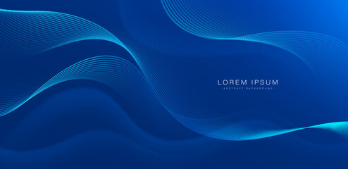 Abstract blue background with glowing wave. Shiny blue moving lines design element. Modern smooth wavy lines. Futuristic concept. Suit for banner, brochure, cover, website, corporate, flyer - obrazy, fototapety, plakaty
