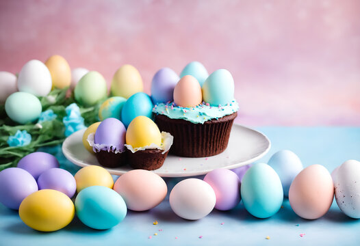 Easter pastel colored eggs and cake