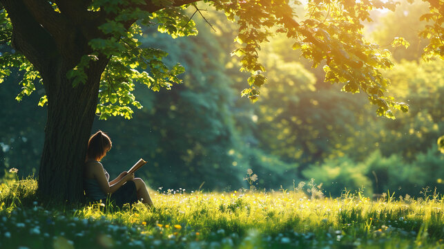 Young woman reading a book in the park at sunset. Beautiful nature background.