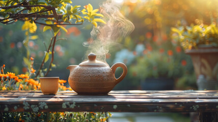 A steaming teapot on an outdoor table. - obrazy, fototapety, plakaty