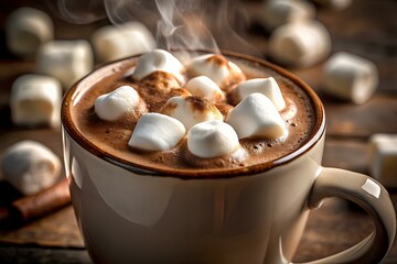 A close-up of a cup of steaming hot chocolate with marshmallows.