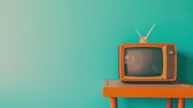 A striking retro orange TV receiver stands out against a gradient aquamarine wall
