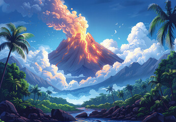 Tropical landscape with erupting volcano, palm trees, and river under a vibrant sky.