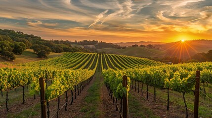 Fototapeta premium Sunrise over a vineyard landscape