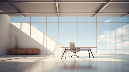 Empty open space office with table, chair and computer with natural light form window. Modern office interior concept.