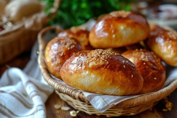 Obraz na płótnie Canvas Savory Baked pirozhki. Table healthy food. Generate Ai