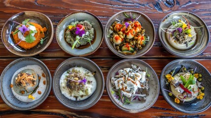 a number of plates of food on a wooden table with a wooden table in front of the plate is a variety of different types of food.