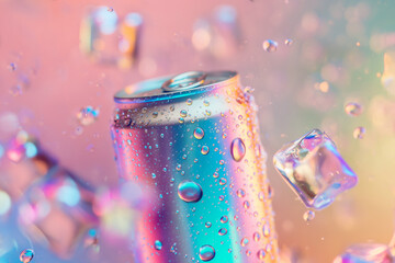 Holographic aluminum can with refreshing cold drink. Product mockup of a soda tin can flying in the air with ice cubes, drops and splashes floating around, rainbow gradient background, space for text