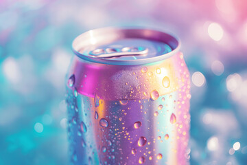 Holographic aluminum can with refreshing cold drink. Product mockup of a soda tin can flying in the air with ice cubes, drops and splashes floating around, rainbow gradient background, space for text
