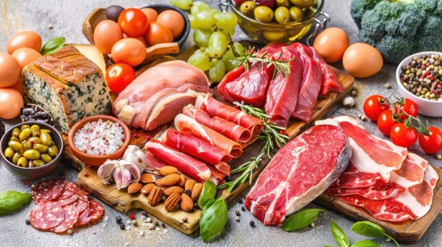 a variety of meats, cheeses, and vegetables are arranged on a table with a variety of olives, tomatoes, broccoli, olives, and bread.
