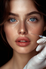 Obraz premium Beauty facial injections. Young beautiful woman receives Botox injection for face lifting. Hyaluronic acid treatment, lip filler. Lip augmentation, face correction. Hands of cosmetologist with syringe
