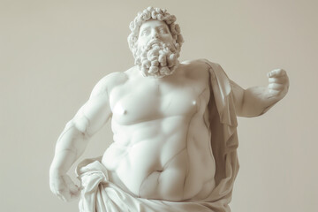 Overweight marble sculpture. Statue of a person with obesity, fat people, obesity, body size, dieting and nutrition, body positivity concept. Fat Greek statue with copy space.