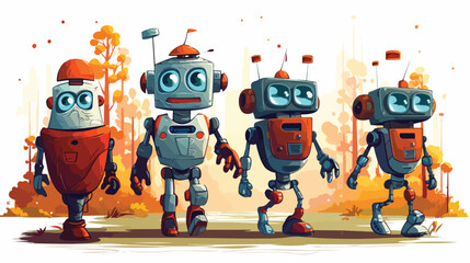 A group of cheerful robots going on a hike in a fut