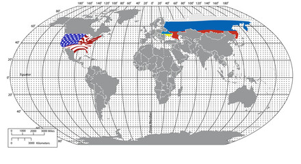 gray world map, America, Russia