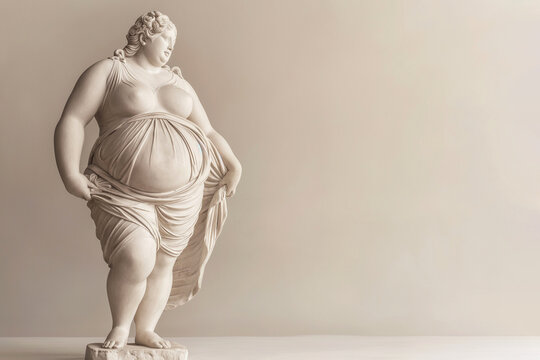 Overweight marble sculpture. Statue of a person with obesity, fat people, obesity, body size, dieting and nutrition, body positivity concept. Fat Greek statue with copy space.
