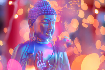Holographic buddha statue. Bright and shiny hologram style, futuristic pink and blue serene meditating Buddha sculpture with bokeh, Buddhist background