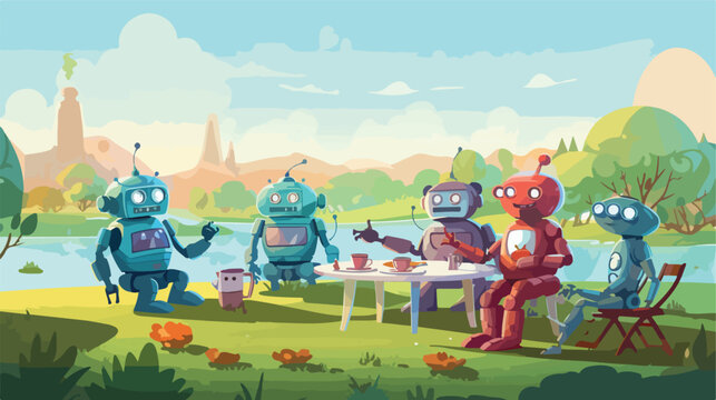 A group of cheerful robots having a picnic in a fut