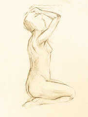 training sketch of female nude model from side sitting on her knees, hand-drawn in sepia pastel on yellow paper - 760846521