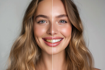 Professional teeth whitening and cleaning. Young smiling woman showing before and after results. Stomatology and dental clinic concept. Teeth bleaching advertising collage - obrazy, fototapety, plakaty