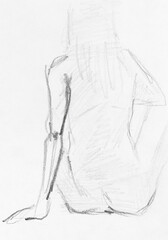training sketch of female nude model with her back sitting on floor hand-drawn in graphite pencil on white paper - 760846546