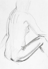 training sketch of female nude model with her side and back sitting on floor hand-drawn in graphite pencil on white paper - 760846569