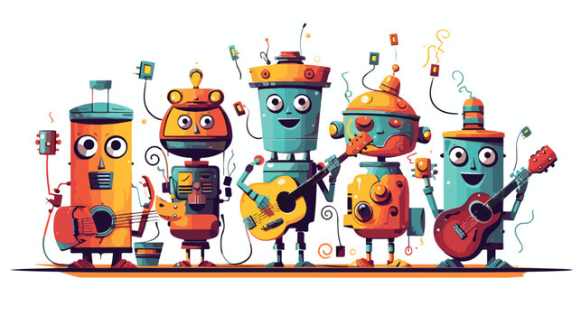 A group of cheerful robots playing music in a futur