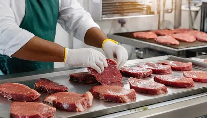 Fotobehang Meat or steak production line with hands of a worker wearing latex protective gloves © Marko