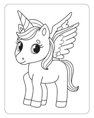 Cute Unicorn vector for kids coloring book pages, unicorn black and white vector
