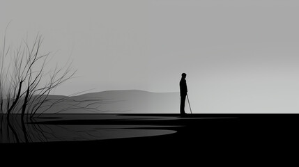 Solitude in Silhouette. The Stark Contrast of a Lone Figure Against the Grey Expanse