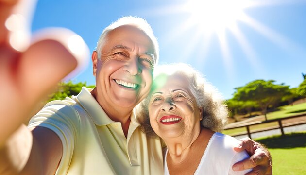 Senior couple taking selfie on sunny day