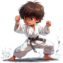 Animated character in karate uniform performing a stance.